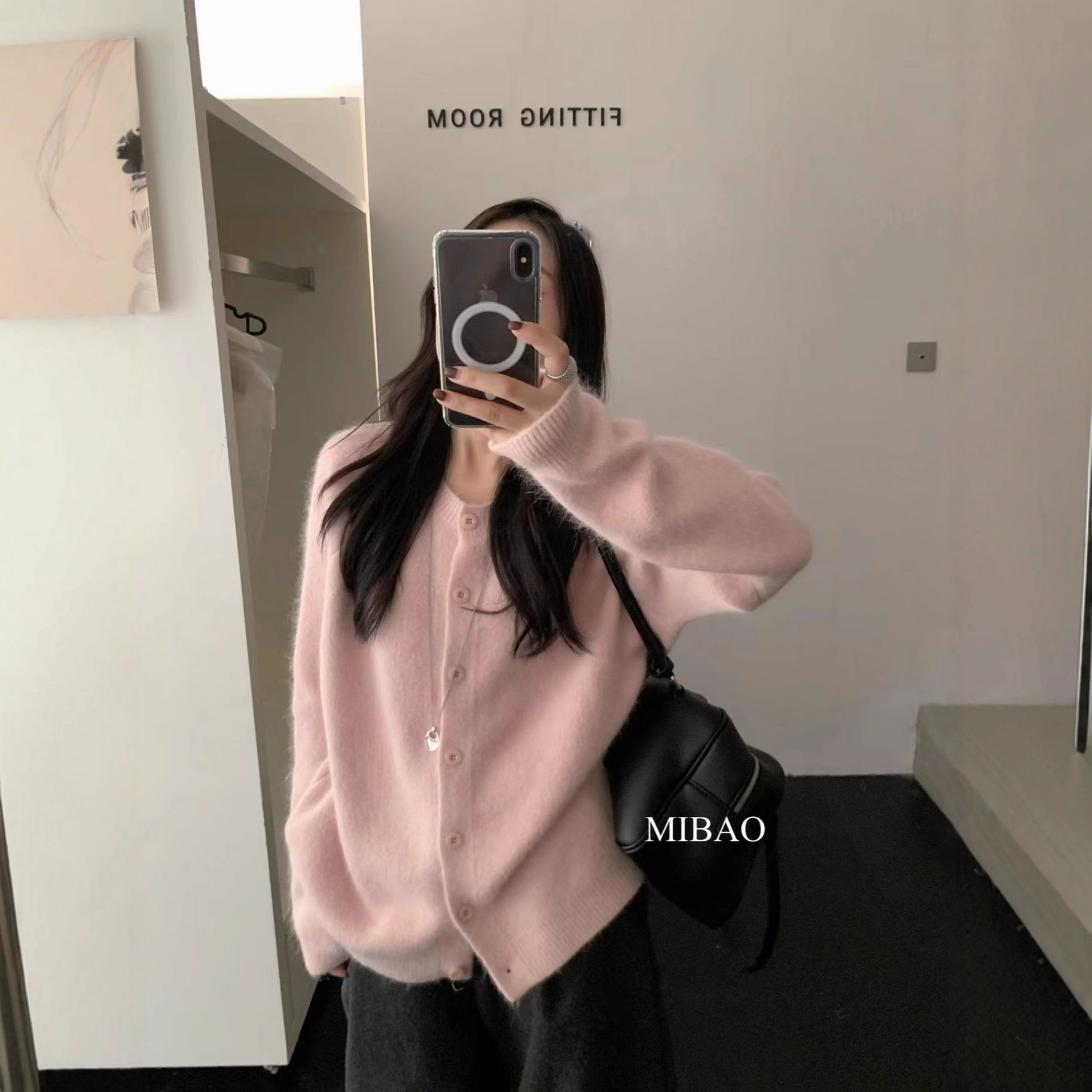 含25%兔毛秋冬韩系十三行女装单排扣简约圆领纯色针织开衫毛衣女