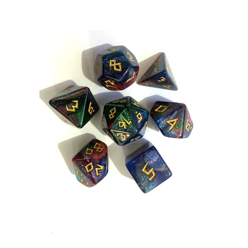 7‑piece polyhedral dice set, tricolor chameleon finish, standard DnD kit (d20–d4), multi‑color