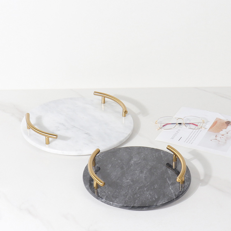 Natural marble round jewelry metal handle storage tray ornaments decoration model room hotel soft decoration