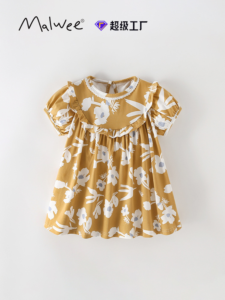 Vestido de princesa de niña malwee transfronterizo nuevo estilo de verano cuello redondo manga corta vestido de niña de estilo occidental europeo y americano para niños pequeños y medianos