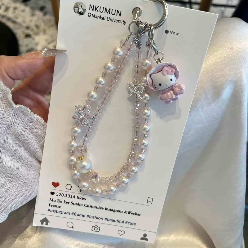 可爱卡通Kitty猫水晶珍珠手机挂件女甜美ins风时尚蝴蝶结串珠挂饰|undefined