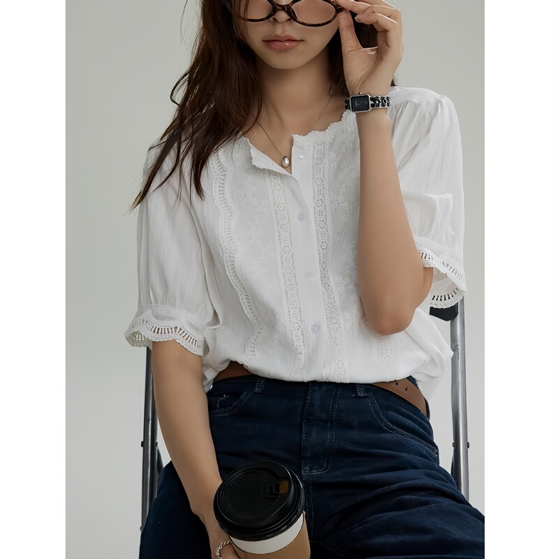 Joli Chose Round Neck Embroidered Hollow Cuff Lace Shirt for Women, French Country Style, Niche Minimalist Top Joli Chose Round Neck Embroidered Hollow Cuff Lace Shirt for Women, French Country Style, Niche Minimalist Top