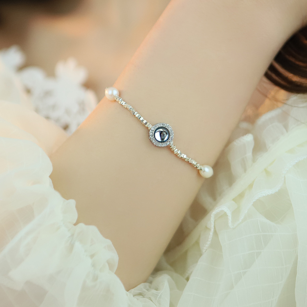 S925 pulsera de plata triturada, anafila natural, perla de agua dulce, pulsera de estrellas para mujeres, explosión de transmisión en vivo.
