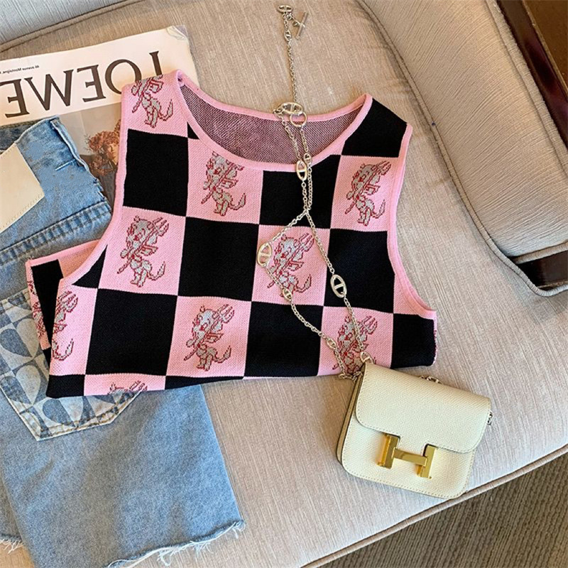 Verano de las muchachas nuevo contraste color tablero a cuadros punto camisola estilo coreano cuello redondo sin mangas dibujos animados moda chaleco