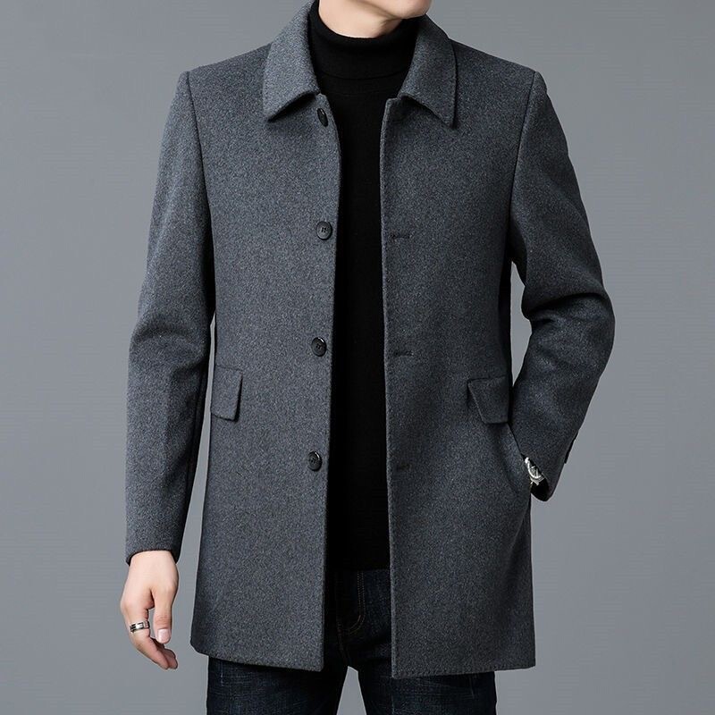 Thin Korean-Style Coat for Men, Mid-Length, Young and Middle-Aged Men's Trench Coat, Father's Coat, Spring and Autumn Lapel Woolen Jacket