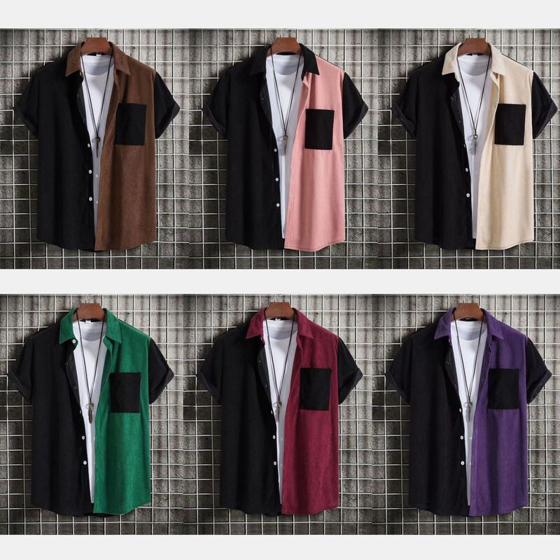 2024 summer European and American European size stitching youth lapel short sleeve shirt men's corduroy lapel striped short sleeve shirt 2024 summer European and American European size stitching youth lapel short sleeve shirt men's corduroy lapel striped short sleeve shirt