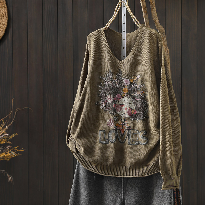 Fashionable Cartoon Print Cotton Knit Sweater for Women 2026 New Korean Style Large Size Loose Casual Stylish Thin Sweater Fashionable Cartoon Print Cotton Knit Sweater for Women 2026 New Korean Style Large Size Loose Casual Stylish Thin Sweater