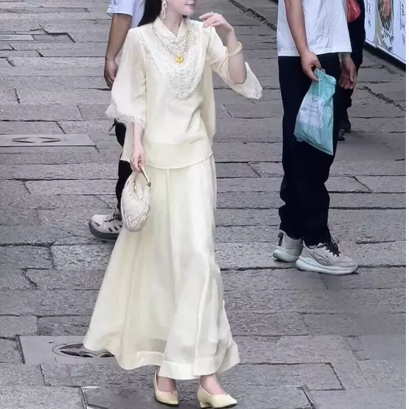 定制夏季新款 羊脂玉 国风重工钉珠中袖衬衫半裙系列国风裙子套装