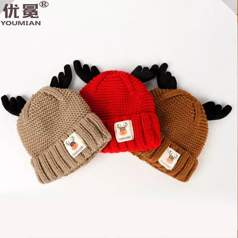 儿童针织帽秋冬毛线帽可爱鹿角圣诞帽户外防寒加绒保暖护耳帽