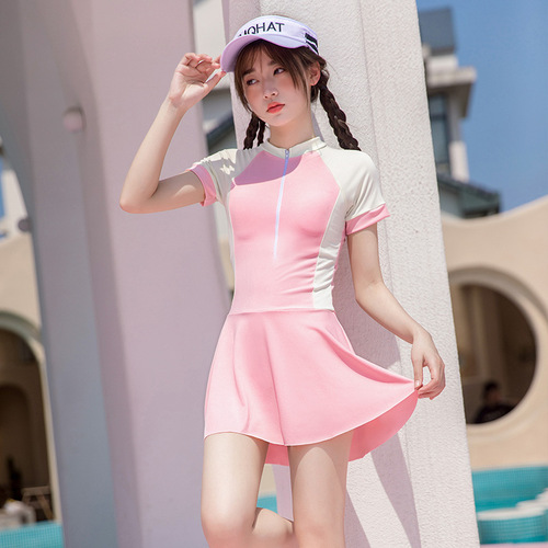 Girls' Sunscreen Swimsuit One-Piece Dress for Middle and Older Children, Simple Splicing Conservative Sports Swimwear, Quick-Drying Hot Spring Swimsuit