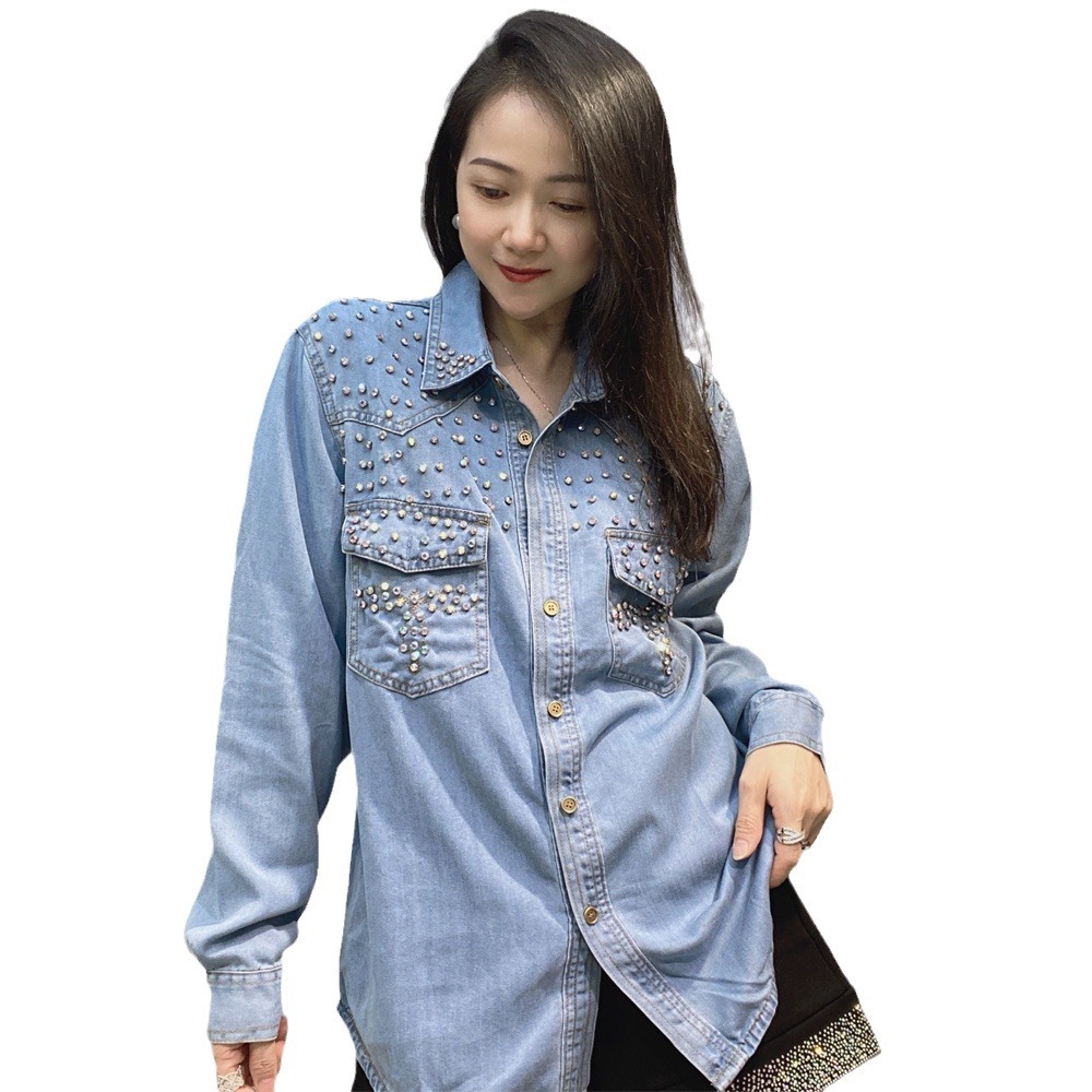 Frauen Kleidung herbst neue stil schwere perlen denim jacke frauen langarm mode jacke perle denim kleidung_voghion.com