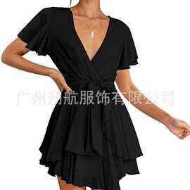2022欧美亚马逊女式连衣裙深 V领长袖腰部系带褶皱迷你飘逸溜冰裙