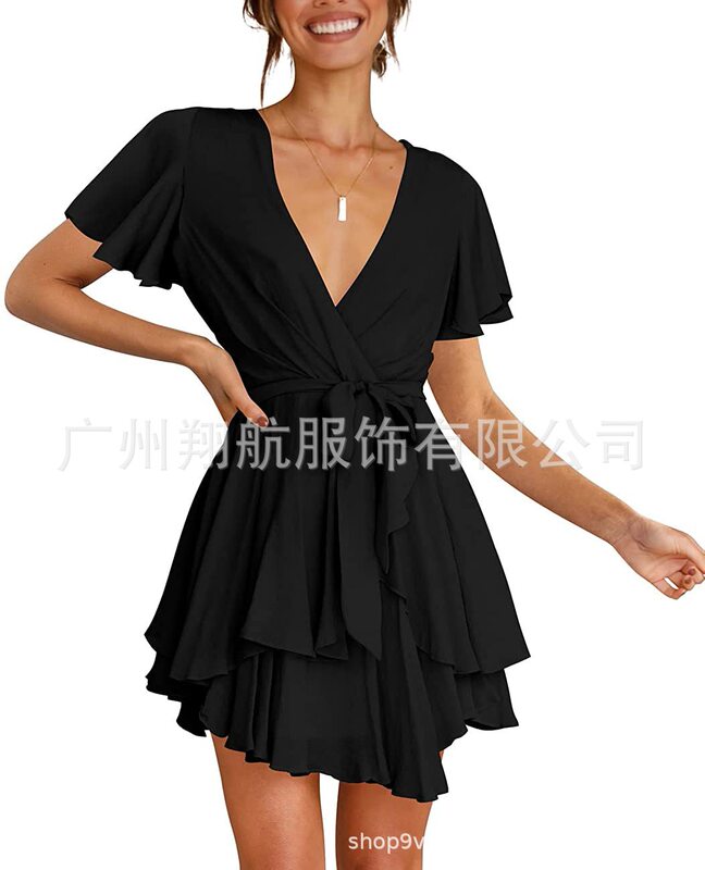 2022 European and American Amazon women's dress deep v-neck long sleeve waist lace-up pleated mini elegant skater skirt 2022 European and American Amazon women's dress deep v-neck long sleeve waist lace-up pleated mini elegant skater skirt