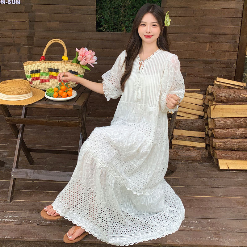 홀리데이 스타일 비치 여성 원피스 여름 프랑스 화이트 자수 우아한 미디 원피스 디자인 감각 큰 스윙 원피스