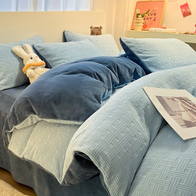 厚いワッフルミルクの毛の4つのセットの3dの立体の彫刻の冬の宝の宝の毛の3つのセットのシーツのベッドの笠の金