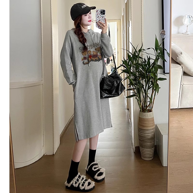 2025년 신상 임산부복 봄복 투피스 슈트 패셔너블 후드 레이지 가을 겨울 두꺼워진 스웨터 스커트