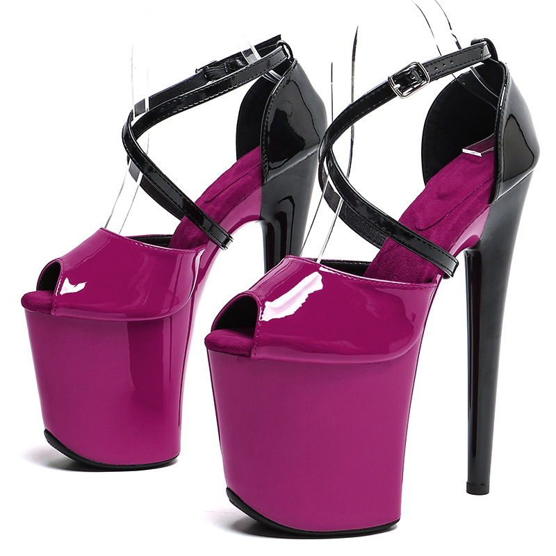 20cm Pole Dance High Heels Sexy Long Strap Peep-Toe Patent Leather Color-Blocking Women's Sandals Lp Loafers