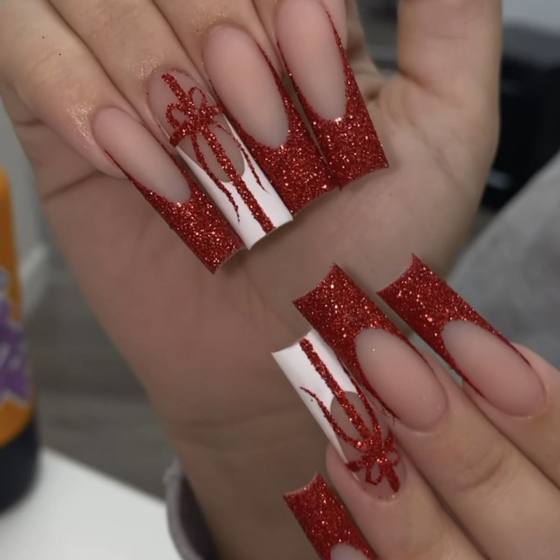Cross-Border New Christmas Wear Nails French Gift Knot Fake Nails Wear Manicure 24 Pieces Manicure Nails Cross-Border New Christmas Wear Nails French Gift Knot Fake Nails Wear Manicure 24 Pieces Manicure Nails