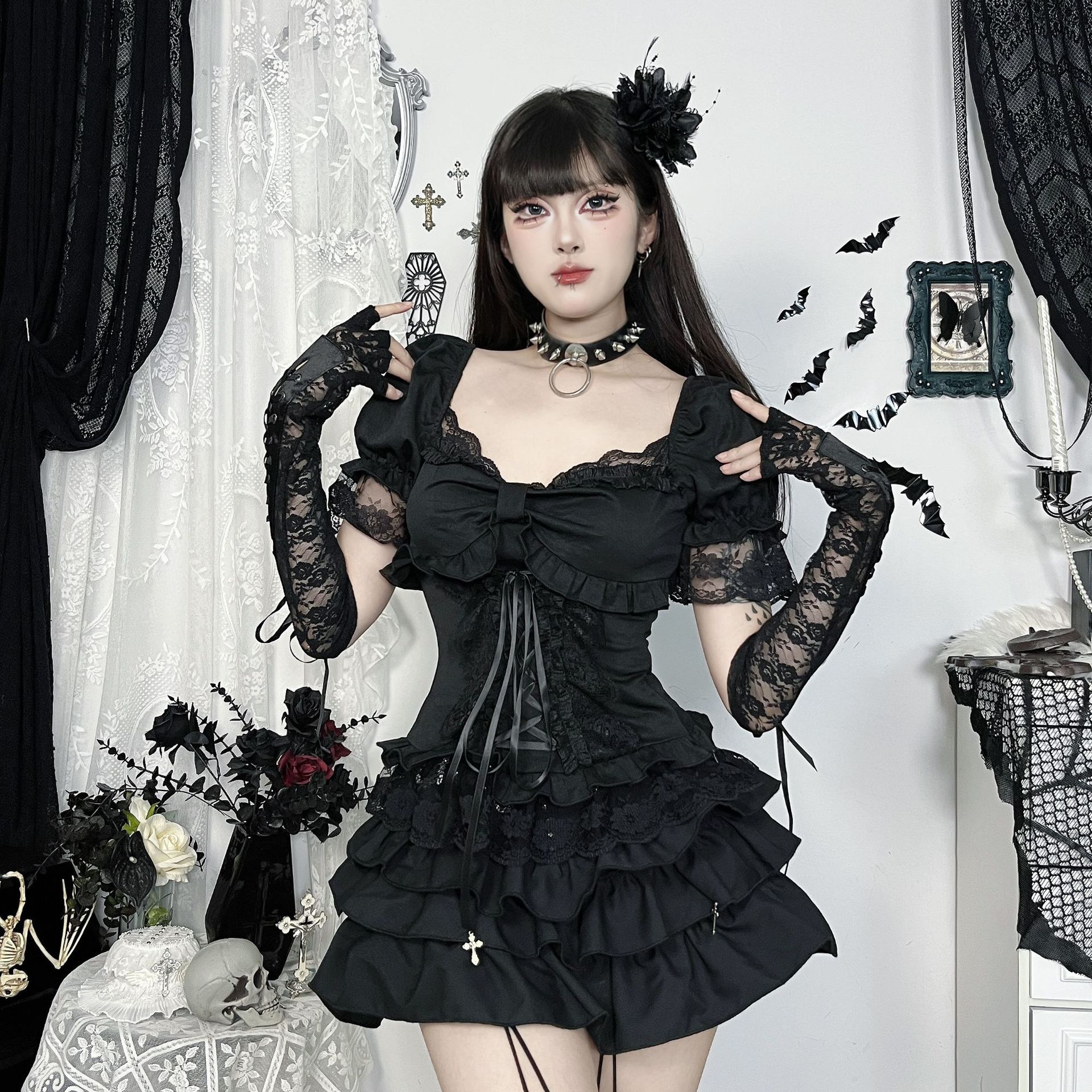 XS25062暗黑哥特风亚文化绑带少女衬衫暗黑 新款性感辣妹百搭上衣