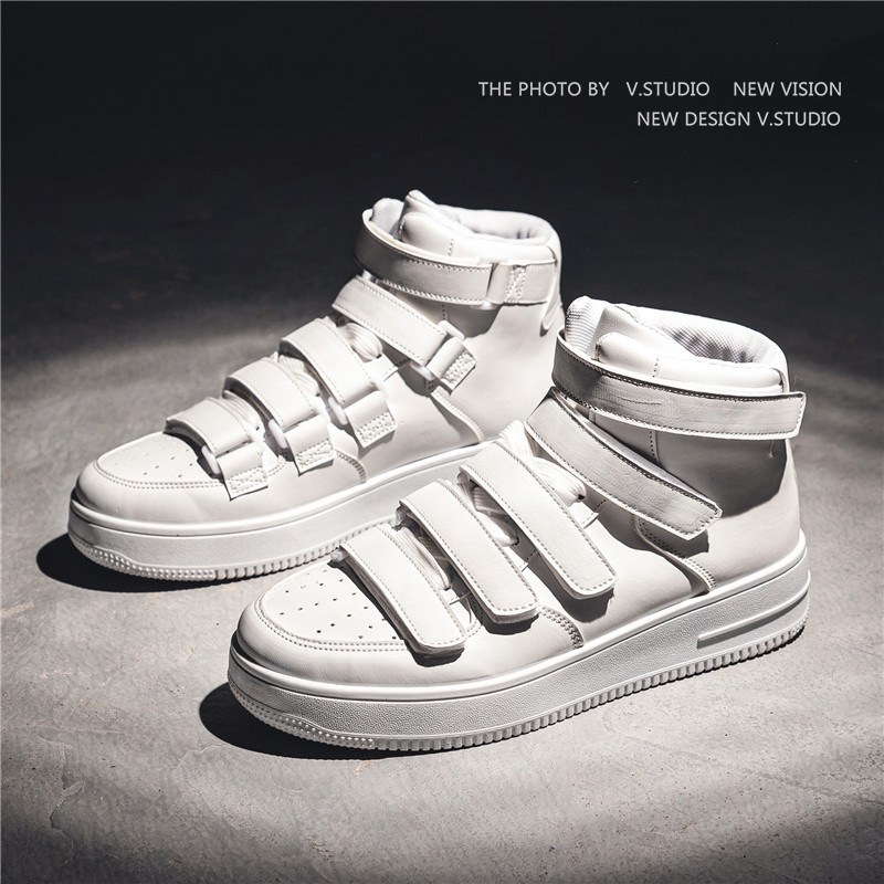 2022 Four Seasons Mid-top Leather Thick Sole Elevated Board Shoes Trendy Hong Kong Style Sports White Shoes Street Men's Shoes for Students