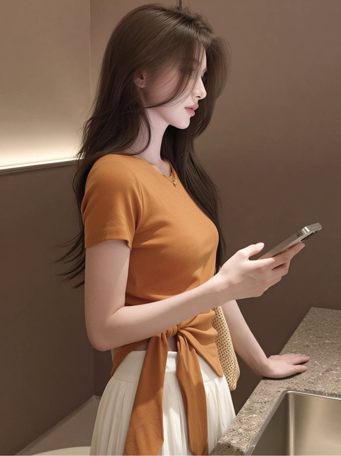 Áo thun nữ cổ tròn tay ngắn phối dây buộc eo không đối xứng — màu sắc