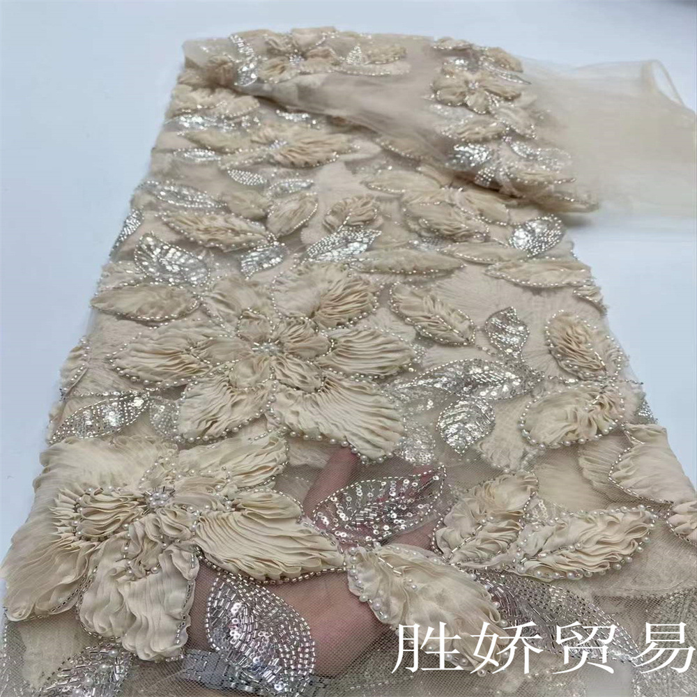 Nuevo 3D encaje bordado flores cuentas encaje sequilla vestido vestido de boda vestido de teatro tela