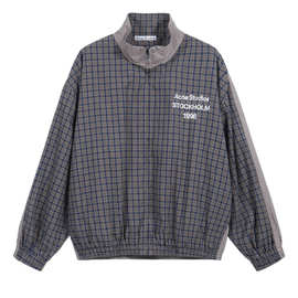 英文字母拼接风衣夹克 日系复古学院风立领宽松休闲格子外套 男