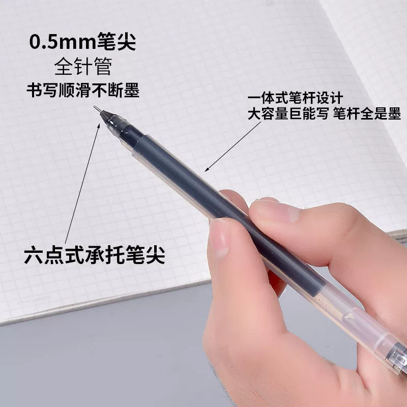 Black rollerball pen, red water-based pen