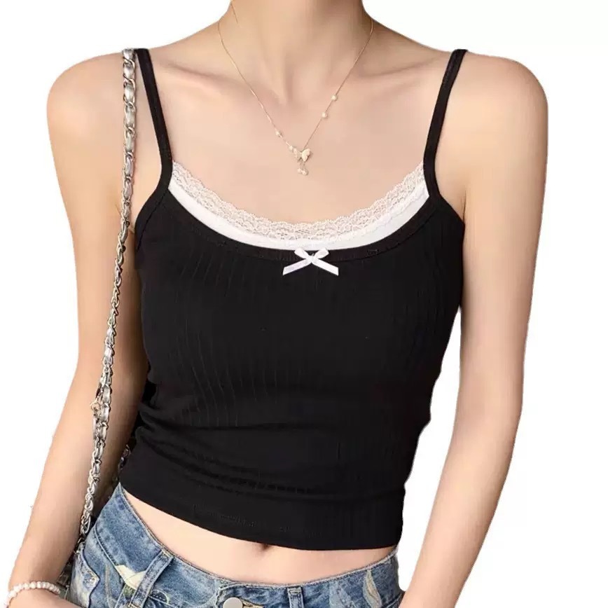 Verano nuevo falso de dos piezas con ribete de encaje camisola mujer con almohadilla para el pecho chica caliente puro deseo de autocultivo interior con top de tubo de encaje