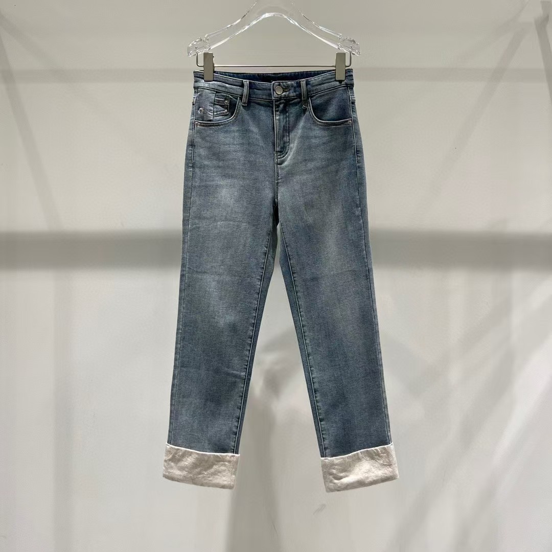 재고 2024 가을 새로운 캐주얼 조커 자카드 롤 다리 높은 허리 스트레이트 청바지 바지 41013202