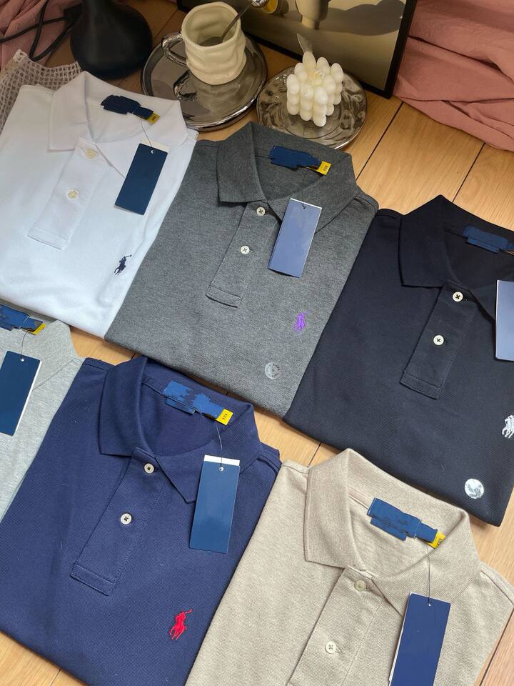 Áo polo nam tay ngắn cổ bẻ thêu logo ngựa nhỏ, chất cotton pique cao cấp — Màu trắng, Màu xanh tím than, Màu xám nhạt, Màu xám đậm