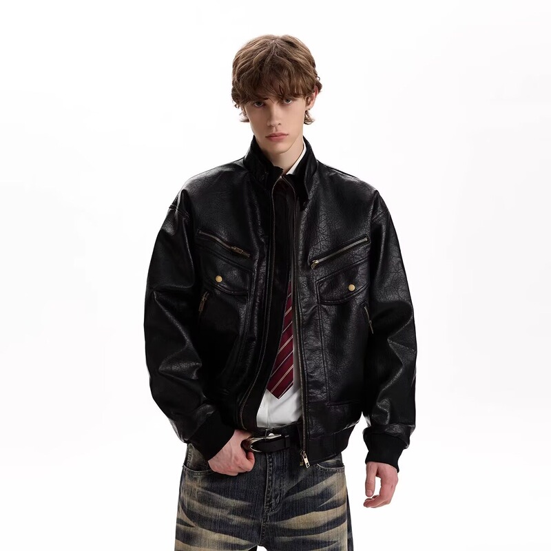 2026 American-style PU leather jacket for men, stand-up collar, short biker jacket, Maillard brown, loose-fitting aviator baseball clothing