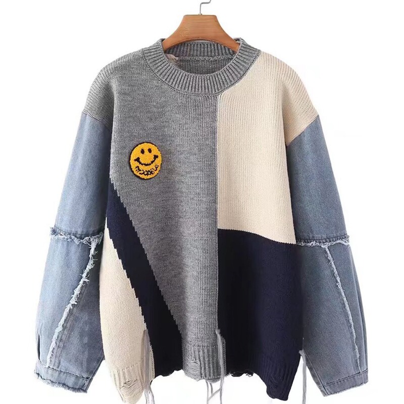 European and American Cross-Border Amazon Autumn and Winter New Loose Denim Stitching Contrasting Smiley Face Round Neck Long-Sleeved Sweater Pullover