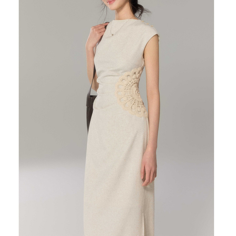 Eryang Design【Qingshan Ying】Elegant Dress with Small Flutter Sleeves for Women, Suitable for Work, Featuring a Sophisticated Style with Hand-Crocheted Floral Accents Eryang Design【Qingshan Ying】Elegant Dress with Small Flutter Sleeves for Women, Suitable for Work, Featuring a Sophisticated Style with Hand-Crocheted Floral Accents