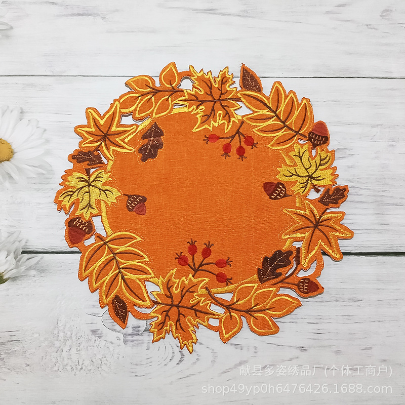 Cross-Border Thanksgiving Orange Maple Leaf Embroidered Hollow-Out Table Runner Round Placemat Source Factory Wholesale Maple Leaf Placemat