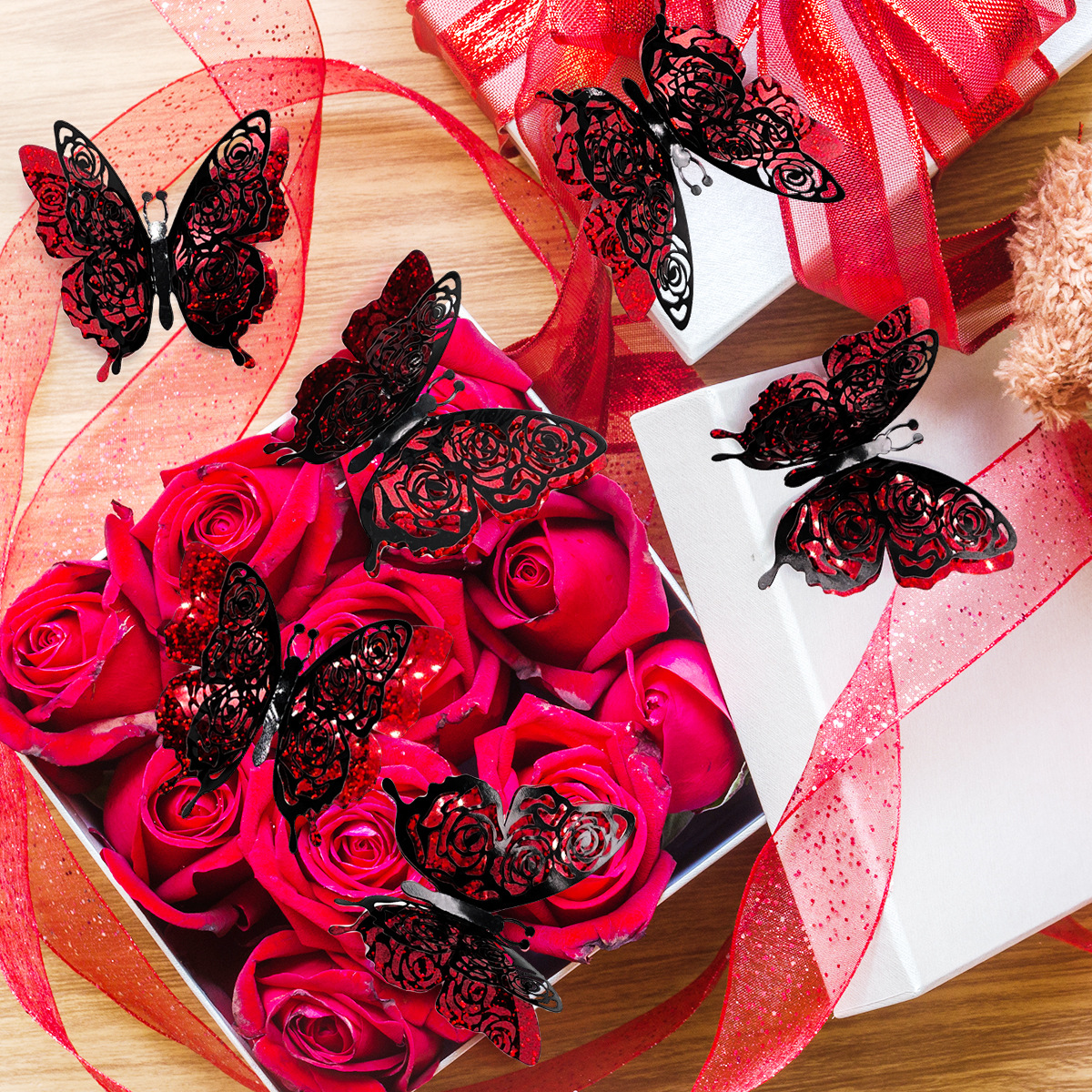 Schwarze und rote, hohle Valentinstag-Serie: Glitzernde 3D-Schmetterlings-Wandaufkleber, 6er-Set_voghion.com