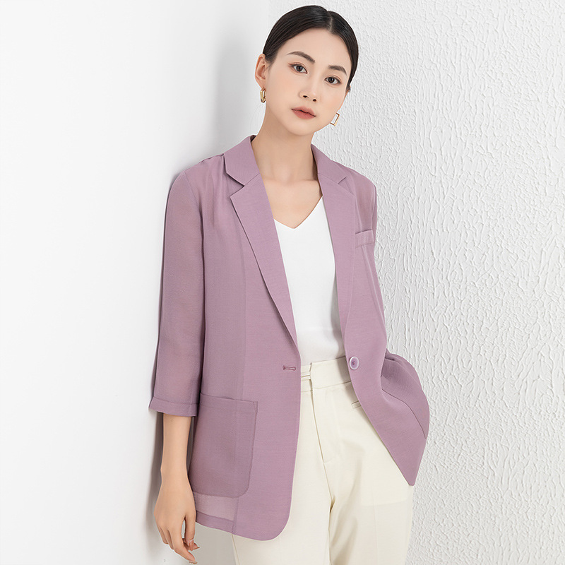 Áo blazer nữ tay lửng vải Tencel tím nhạt mỏng nhẹ — Màu tím