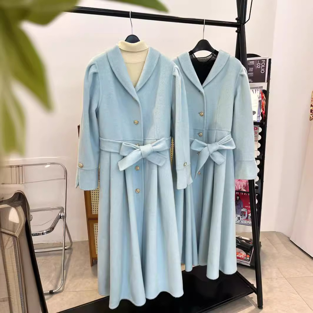 【法式赫本风】春季新款蓝色收腰设计大裙摆氛围感羊毛大衣长款女