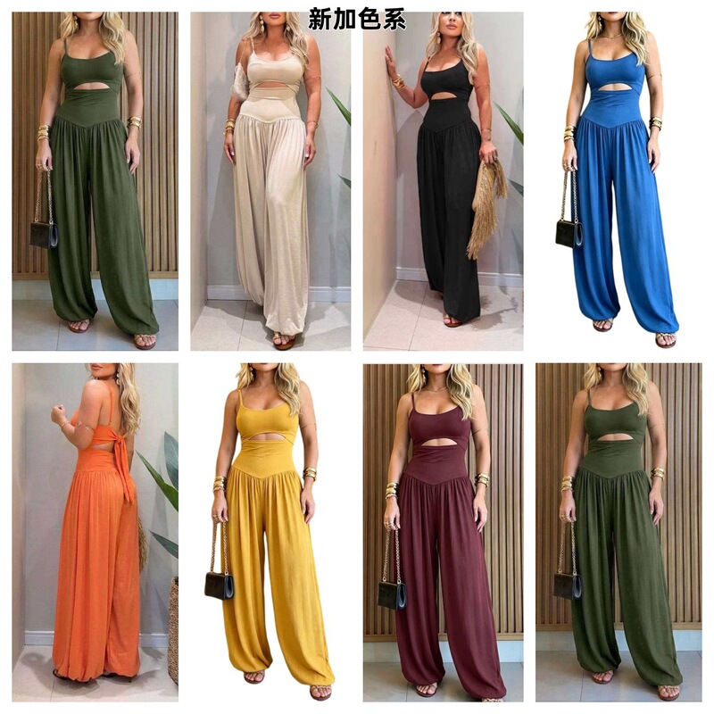 2026 New Spring and Summer Seaside Vacation French Style Fresh and Sweet Women's Vest Wide-Leg Pants Waist-Cinching Jumpsuit