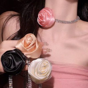 2023 new diamond rose flower necklace net red high sense y2k sweet cool hot girl chocker neck