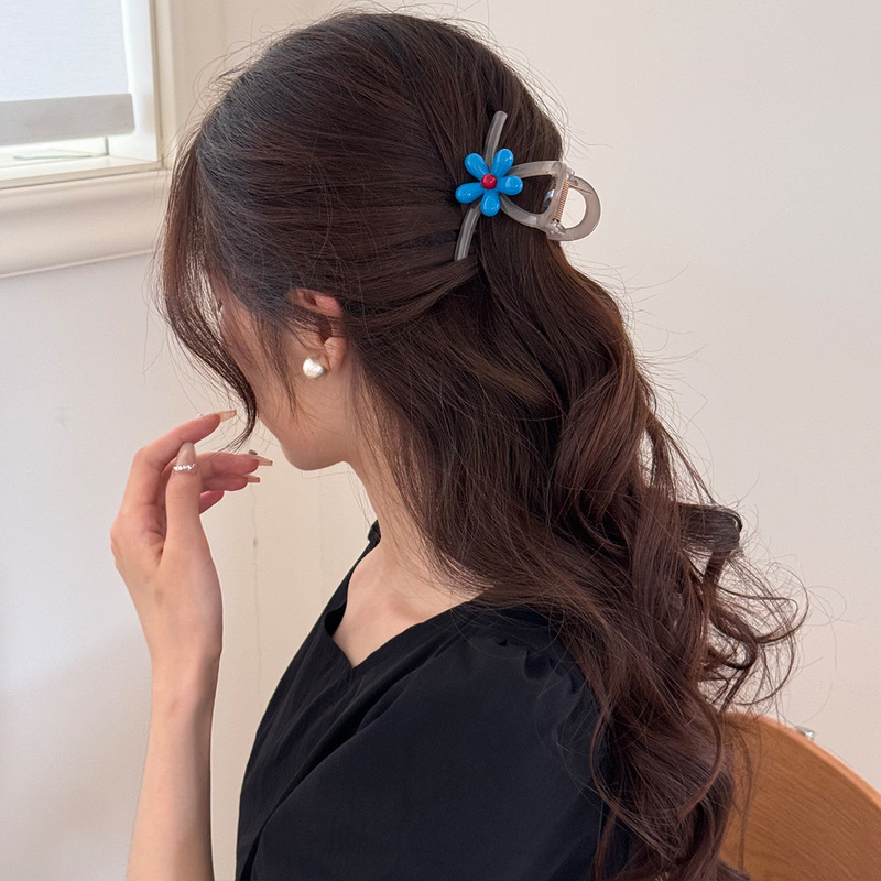 韩系蓝红撞色花朵抓夹女高级感2025夏季新款优雅后脑勺鲨鱼夹盘发|undefined