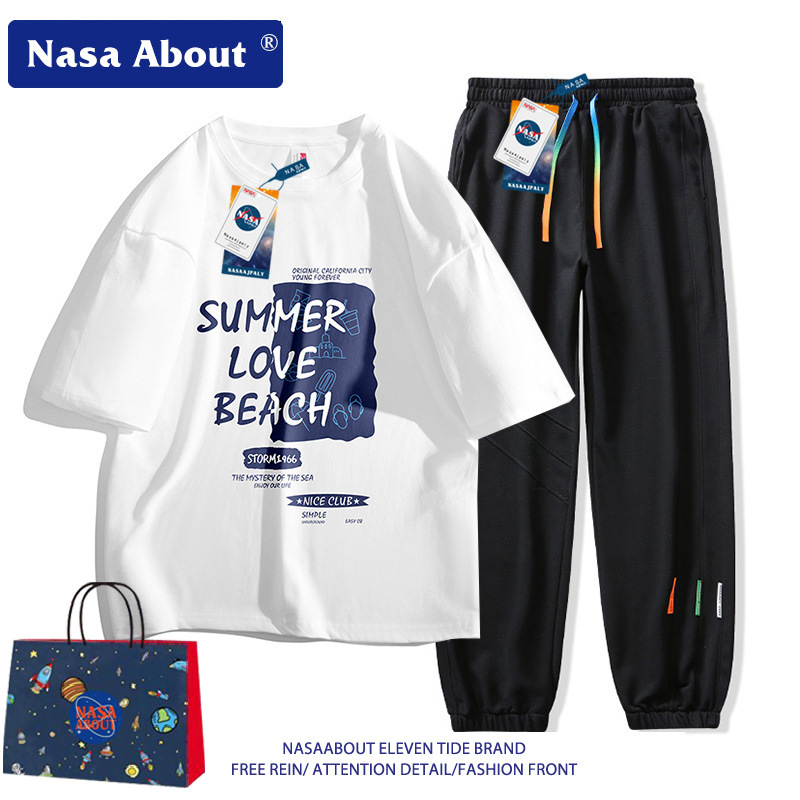 Nasa Men's Short-Sleeved Suit Summer New Trendy Youth Stylish Two-Piece Sportswear with Cropped Pants