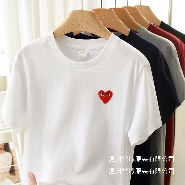 Summer New Short-Sleeve Sweet and Fresh Embroidered Heart Short-Sleeve T-Shirt for Women, Loose Style, Couple Trendy Brand, Wholesale