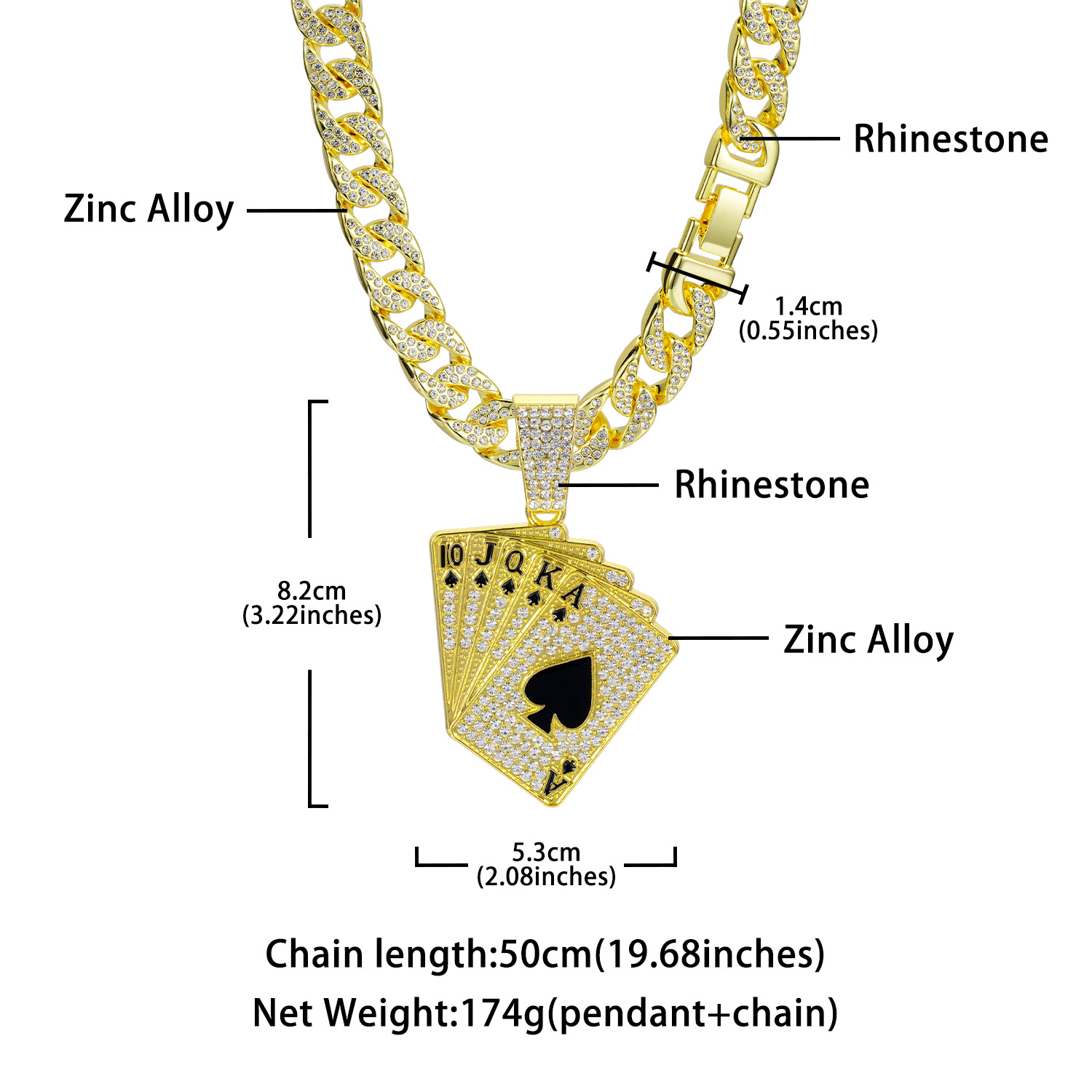 European And American Hip-hop Cuban Chain Full Diamond Playing Card Pendant Trendy Card Niche Men's Necklace_voghion.com