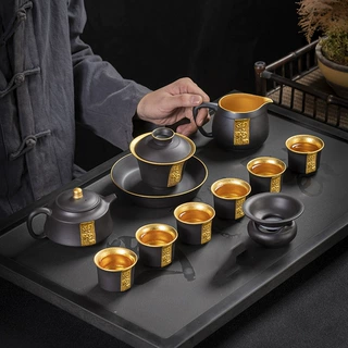 手工紫砂鎏金真金茶壶盖碗功夫茶杯高级泡茶器茶具家用功夫套装