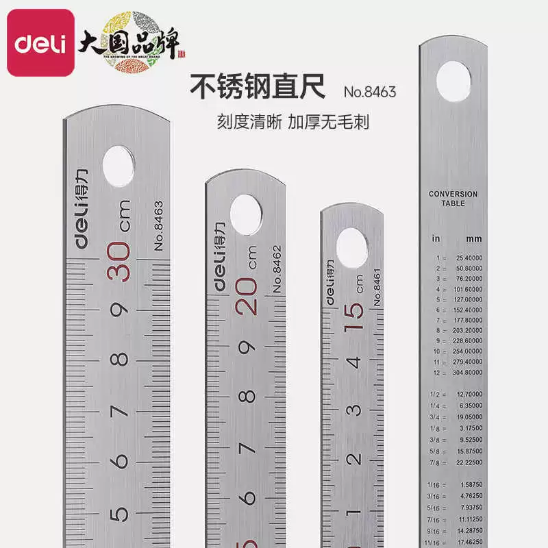 Стальная линейка Deli 8461/8462/8463 (серебристая) для офиса и учебы, стальная линейка с утолщенной шкалой для измерения и рисования.