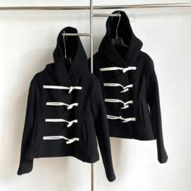 牛角扣连帽羊毛呢外套 黑色2024新中式盘扣秋冬修身外套