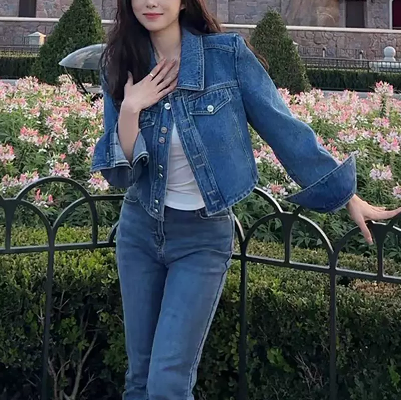 如意 直角肩丹宁/复古水洗蓝牛仔外套女春秋宽松百搭短款上衣