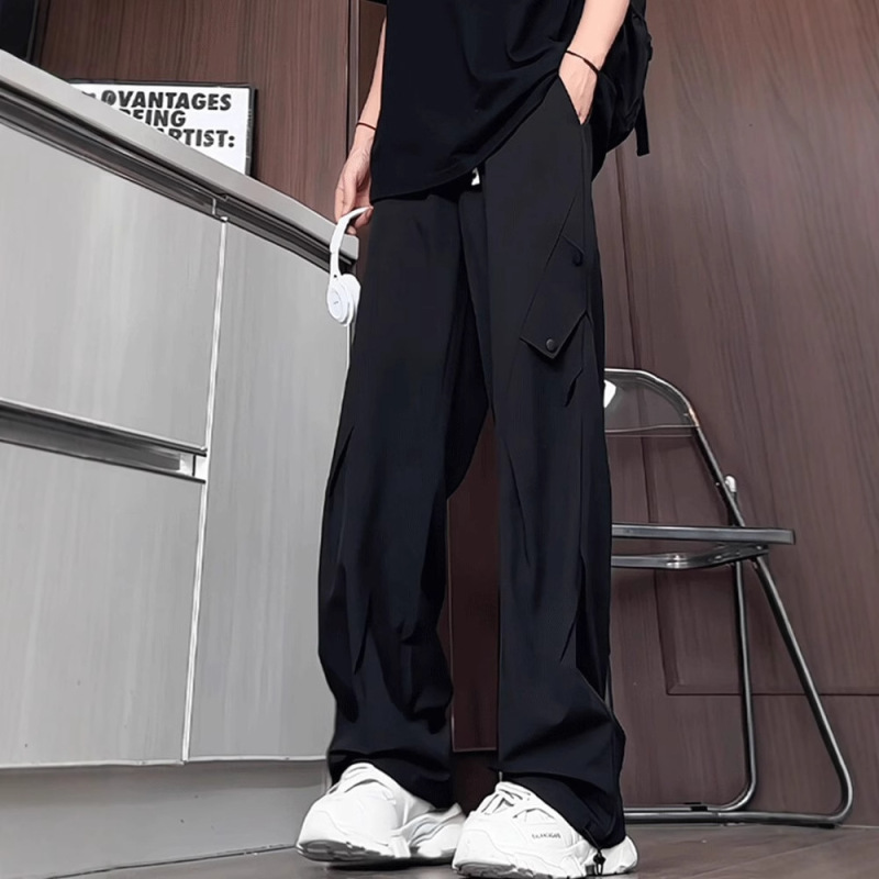Black Ice Silk Cargo Pants for Men, Summer Thin Pleated Quick-Dry Paratrooper Pants, Stylish High-End Drape Casual Pants