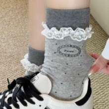 韓系蕾絲花邊襪子女中筒拼接小波點堆堆襪miu系女襪純棉諸暨襪業